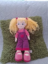 RARE CUTE AURORA BLONDE HAIR MAUVE DUNGAREES PLUSH RAG DOLL  14" CURLY HAIR VGC