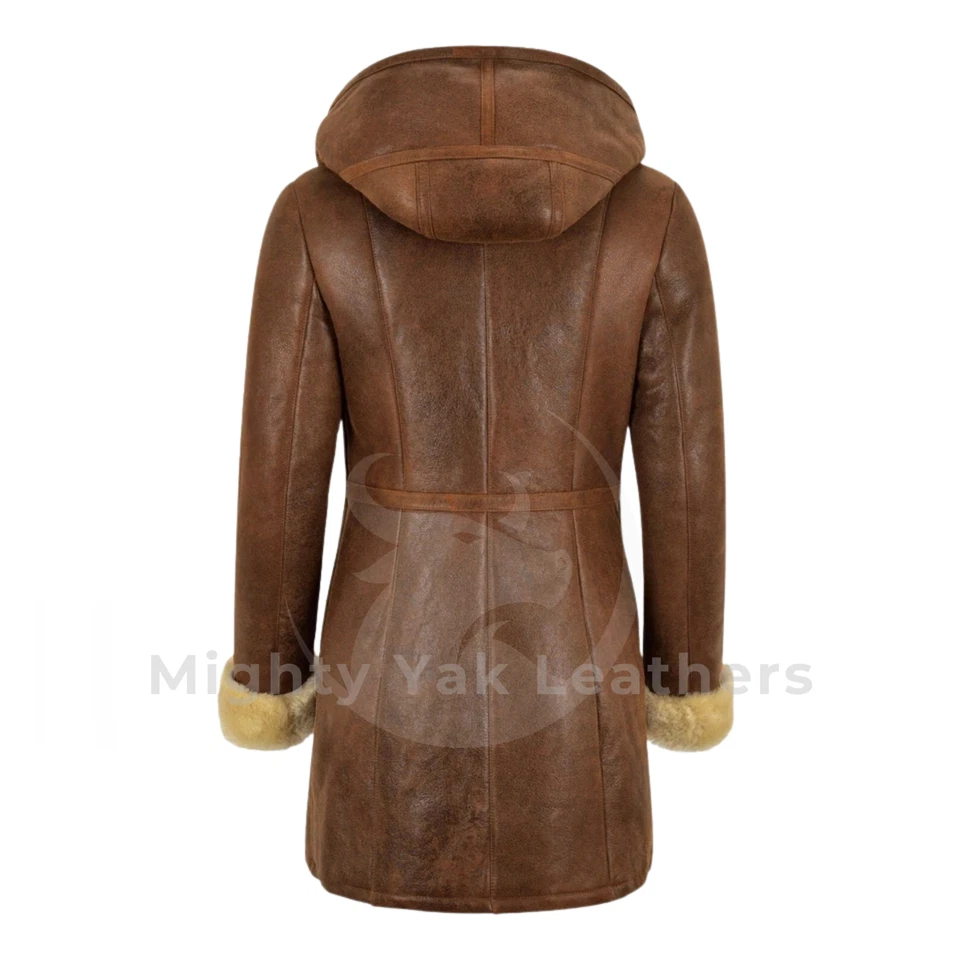 Chaqueta de cuero de oveja real marrón para mujer Abrigo con capucha de invierno de piel de oveja Foto 2 de 4