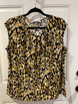 Kasper 1X Shirt Tank Top Brown Yellow Geometric Sleeveless Scoop Neck Stretch