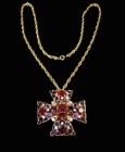 Unsigned Designer Amethyst & Ruby Rhinestones Maltese Cross Pin/Pendant Necklace — photo 1