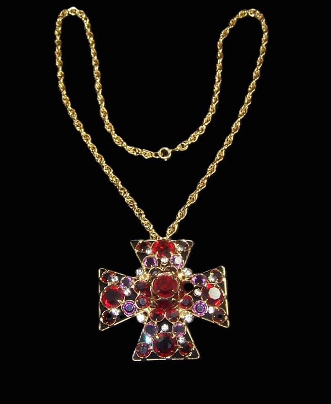 Unsigned Designer Amethyst & Ruby Rhinestones Maltese Cross Pin/Pendant Necklace
