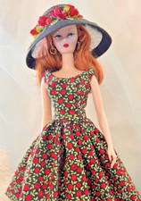 3pc Red roses on black Barbie doll dress hat 4 Silkstone