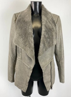NEW LOOK MANTEL JACKE 12 HELLGRAU Kunstleder Fellkragen PU beschichtet unterer Reißverschluss