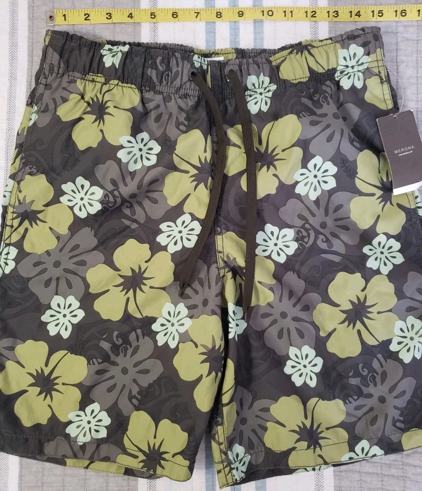 Novo com etiquetas Merona baús de natação masculinos S floral havaiano marrom verde espuma do mar forrado de malha - Imagem 2 de 4