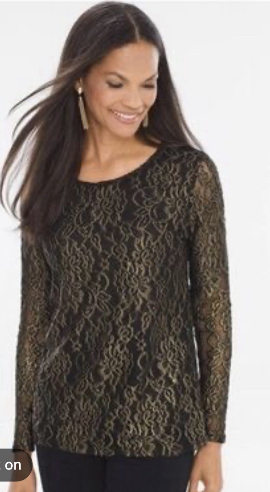 Chico’s Long Sleeve Black Top With Golden Floral Design Size XL