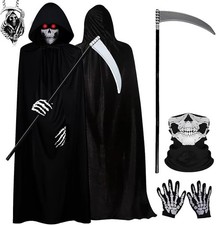 5PCS Grim Reaper Costume Set with Cloak, Scythe, Skeleton Mask Gloves Halloween