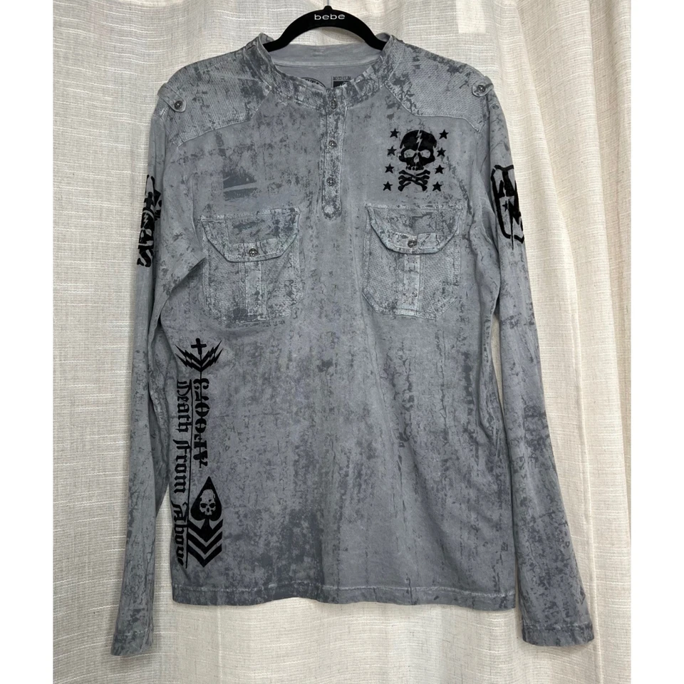 Camisa Affliction Warhawk Henley Águila Calavera Cruz Plateada Gris Lava Para Hombre Mediana Foto 2 de 4