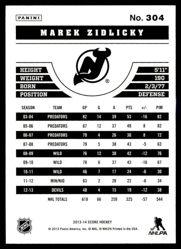 2013-14 Score Gold Marek Zidlicky New Jersey Devils #304 - Image 2 of 2