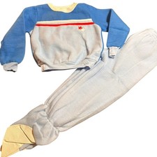 Vintage Carters 2 Piece Pajama Set Fleece Footie Nonslip Blue W/Red Stripes 4T