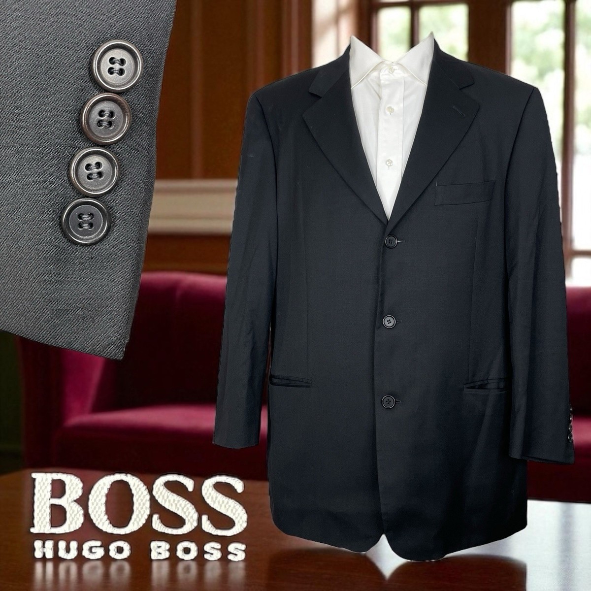 Hugo BOSS 最高級ロロ・ピアーナ Super150's ブラックスーツ Hugo Boss USA Made Blazer Jacket Mens 40R Black Ing Loro Piana