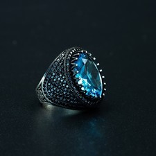 Blue Aquamarine Gemstone Handmade 925 Sterling Silver Men's Ring