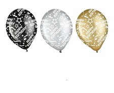 100 Amscan HAPPY BIRTHDAY CONFETTI Black Silver Gold METALLIC 12" Latex Balloons