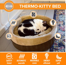 K H Thermo-Kitty Heated Pet Cat Bed Large Bolster Mocha Tan Round 20x20x6