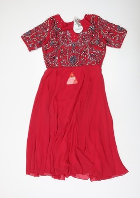 Amber Damen Midikleid rot Perlen verziert A-Linie M