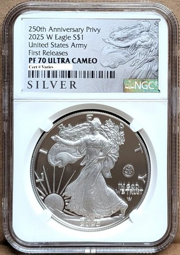 2025 w silver eagle army 250th anniversary privy ngc pf70 fr als