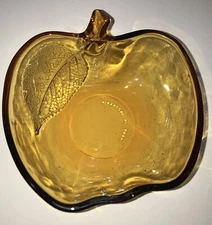Crystal Apple Shaped Candy Dish Bowl Etched Leaf  5" x 4.3/4" x 2" Amber color