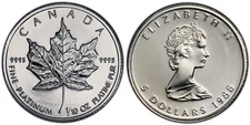 1988 $5 Platinum 1/10 Oz Canada Maple Leaf Coin, First Year of Issue, RCM Sealed