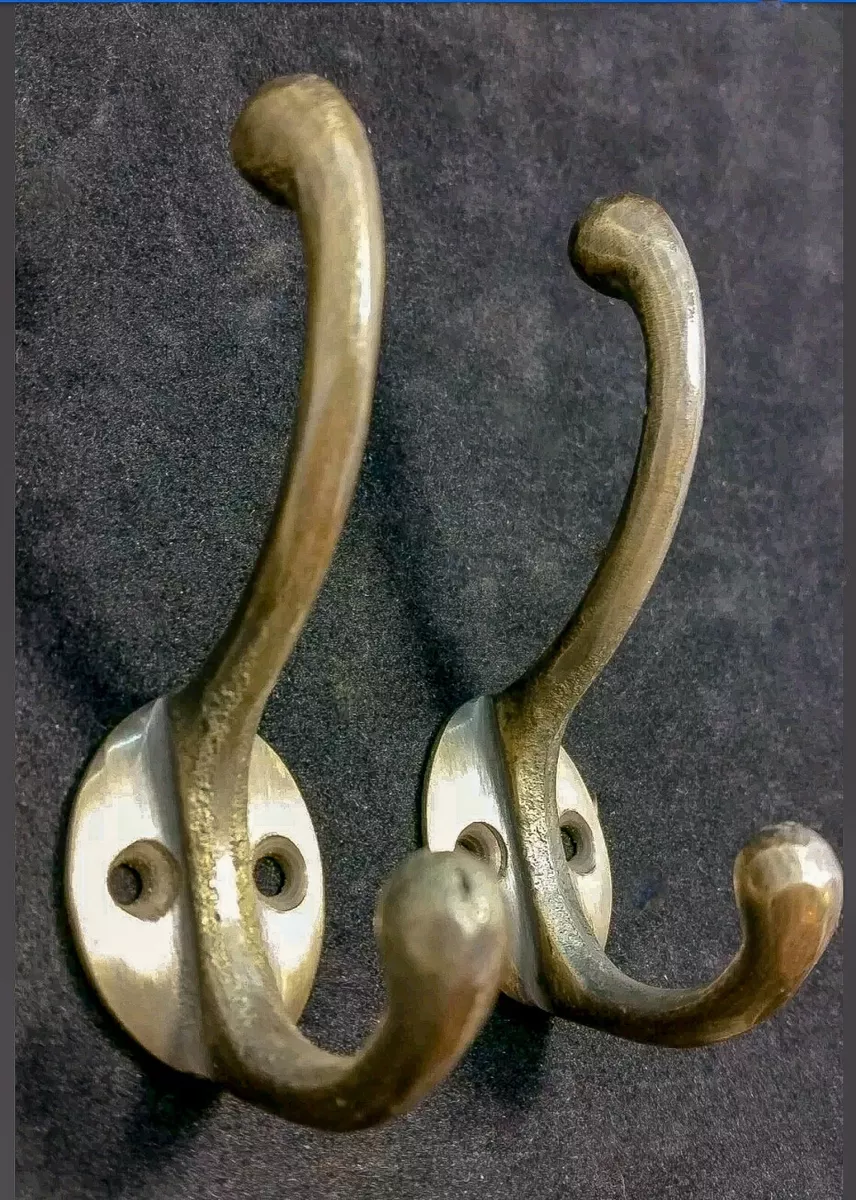 2 Solid Antique Brass Double Coat Hooks w. Oval Backplate 3 x 2 #C9