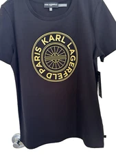 KARL LAGERFELD Paris Women's Gold Crest Logo T-Shirt Black Size XS