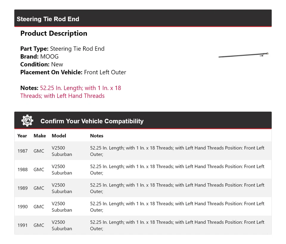 For 1987-1991 GMC V2500 Suburban Steering Tie Rod End Front Left Outer MOOG 1987 - Image 2 of 4