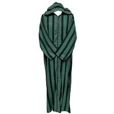 Men's Green Striped Moroccan Long Sleeve Hooded Cotton Thobe Jubba Djellaba