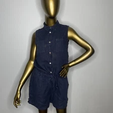 Marisa & Marie Shorts Romper Womens Small Blue Linen Half Button