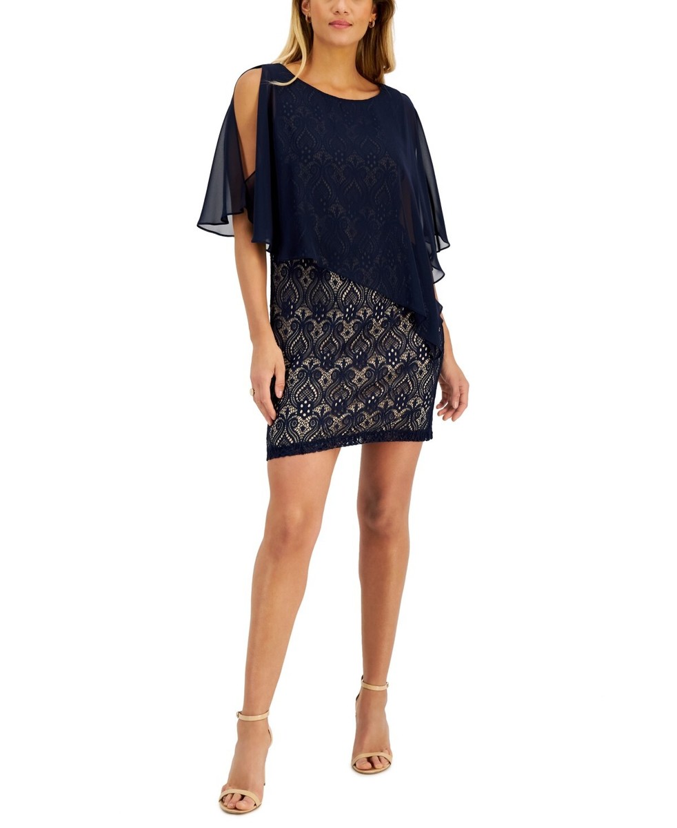 Connected Chiffon-Overlay Lace Sheath Dress, Navy/Mocha, Size 4 | eBay
