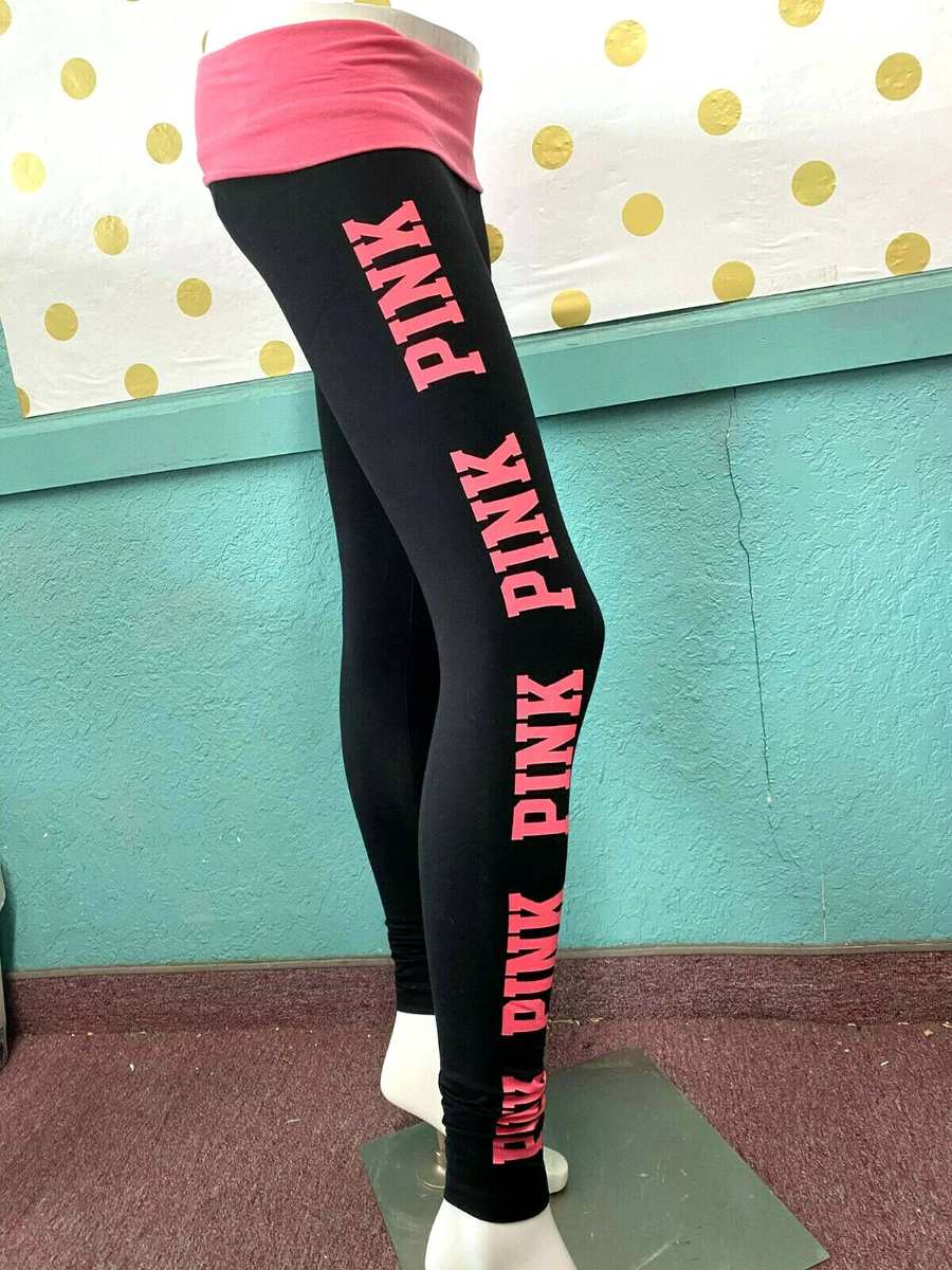 Victoria's Secret PINK Yoga Foldover Waist Cotton Legging Black Logo X-Small  NWT