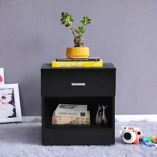 Drawers Nightstand Storage Wood End Table Bedside Organizer Modern Black