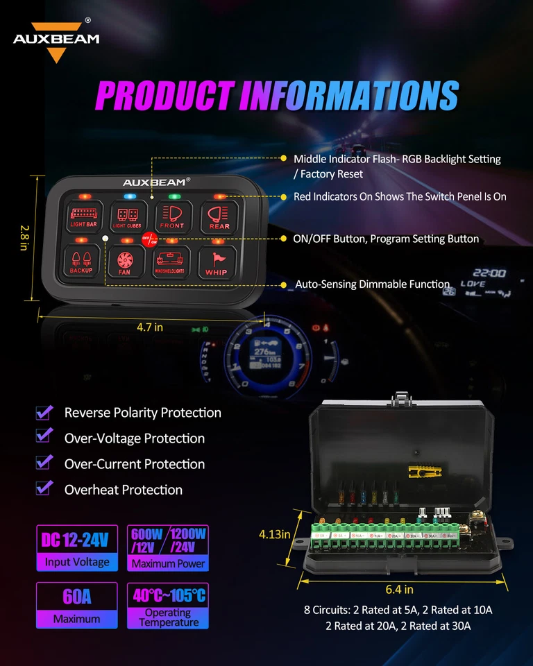 AUXBEAM RGB 8 Gang переключатель панели цепи управления Bluetooth для Peterbilt Kenworth - Изображение 3 из 4