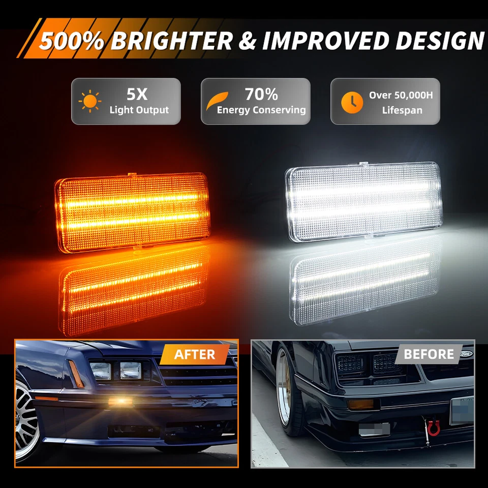 2X Clear Dynamic LED Front Parking Turn Signal Lights For 1979-1986 Ford Mustang - Image 2 of 4