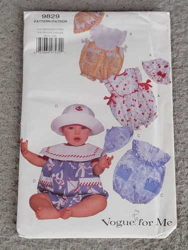 Vintage Vogue Patterns 9829 Baby Rompers Caps Hats Sizes NB to 29# UNCUT