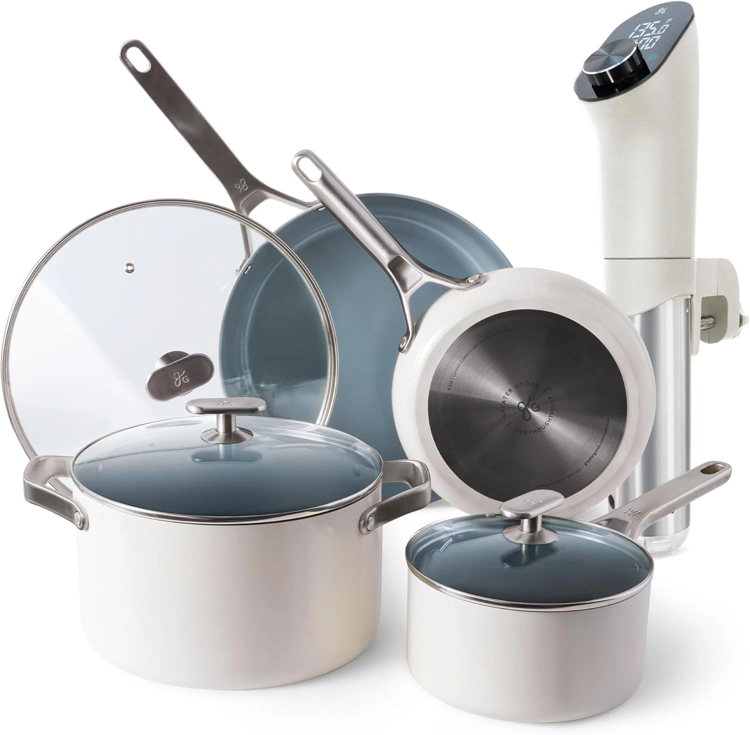 Savvy Ceramic Nonstick Cookware Set & Sous Vide Machine, 10 Pieces, White