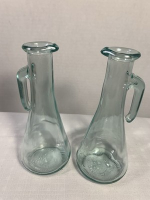 2 Vintage 7.25  Italian Vetreria Etruscan Mod Dep Glass Cruets Vinegar And Oil