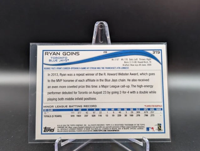 2014 Topps Series One RYAN GOINS #319 Rookie RC Toronto Blue Jays - Image 2 of 2