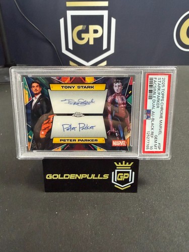 2025 Topps Chrome Marvel Tony Stark Peter Parker Facsimile Auto Black /10 PSA 10