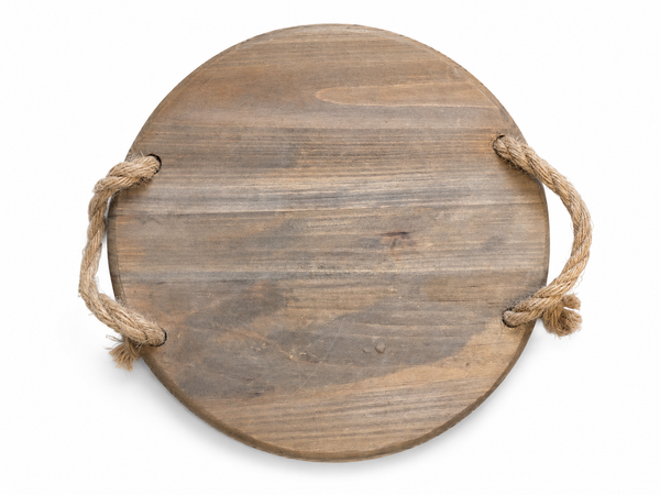 Servierbrett Tablett Rund Holz Rustikal Landhaus Holz Natur Seil Griffe Deko-image