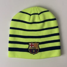 Rhinox Barcelona Beanie Official Knit Neon Yellow Blue Striped Adult Uncuffed