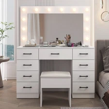 Vanity Set Desk 9 Drawers Large Mirror with Power Outlet LED Lights Makeup Table