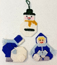 Vintage Handmade Christmas Needlepoint Ornament Lot 3 Snowman Kid With Snowball