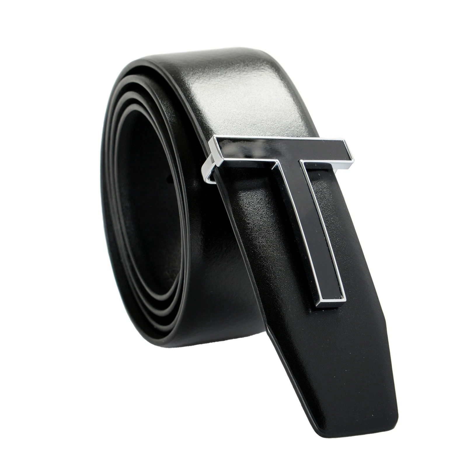 Tom Ford — Tom Ford Black Leather Silver Metal T-Buckle Decorated Belt US 36 IT 90