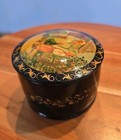 Vintage Russian Hand Painted Black Lacquer Round Trinket Box 3.5” — photo 3