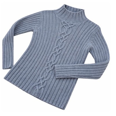 LL Bean Blue Mock Neck Cotton Cable Ribbed Sweater Size MEDIUM