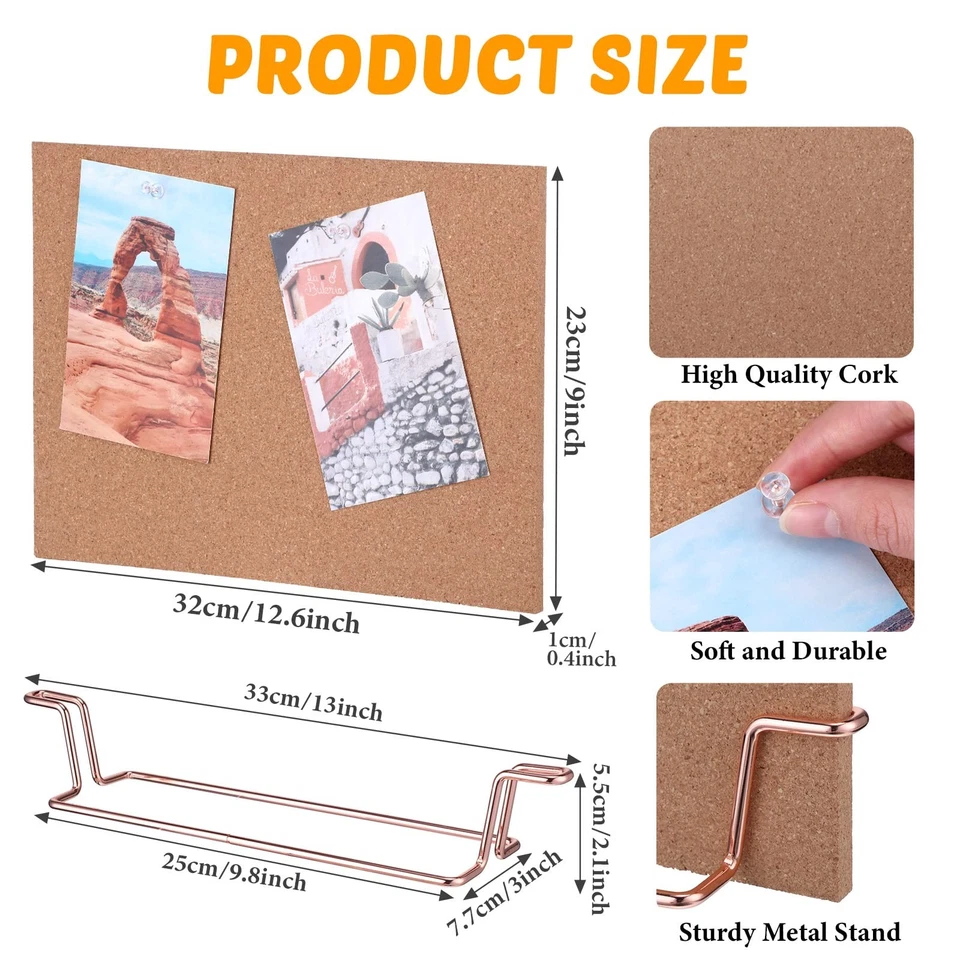 12.6 x 9 Inch Small Desktop Cork Board with Stand Rose Gold Bulletin Memo Mes... - Image 3 of 4