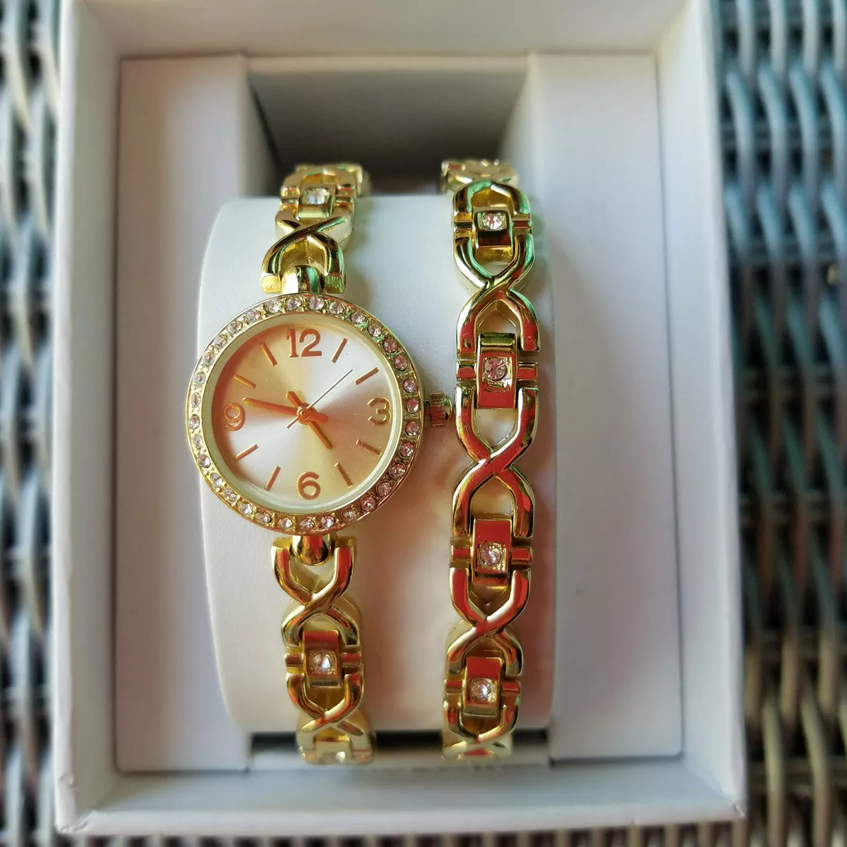 UNBRANDED Watch and Bracelet Set GOLD TONE Rhinestone ACCENTS