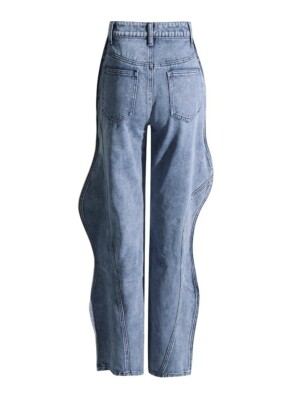 Wave Design Spliced Button Jeans Women High Waist Patchwork Wave Design Spliced Button Jeans Women High Waist Patchwork