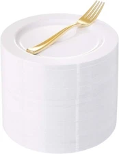 WELLIFE 100 White Plastic Dessert Plates & 100 Gold Disposable Forks for Wedding