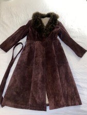 Vintage Women's Dark Brown Suede Shearling Long Coat Size 12
