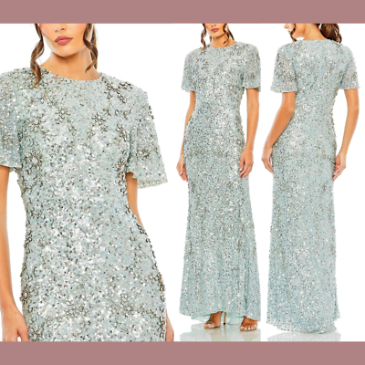 NWT $998 Mac Duggal [ 4 ] 93932 Flutter Sleeve Sequin High Neck