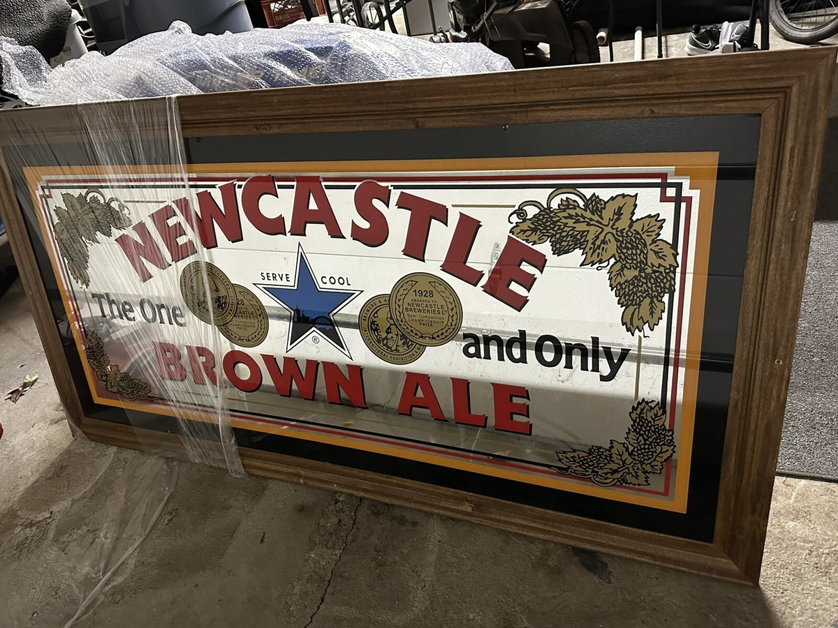 Vintage Newcastle Brown Ale SIgn Mirror Glass Wood